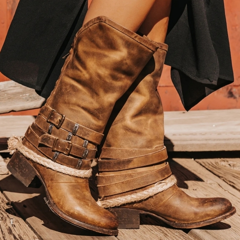 Freebird by Steven Drove Tan Embelished Mid Calf Leather Boots US 7.5 EU 38 AA